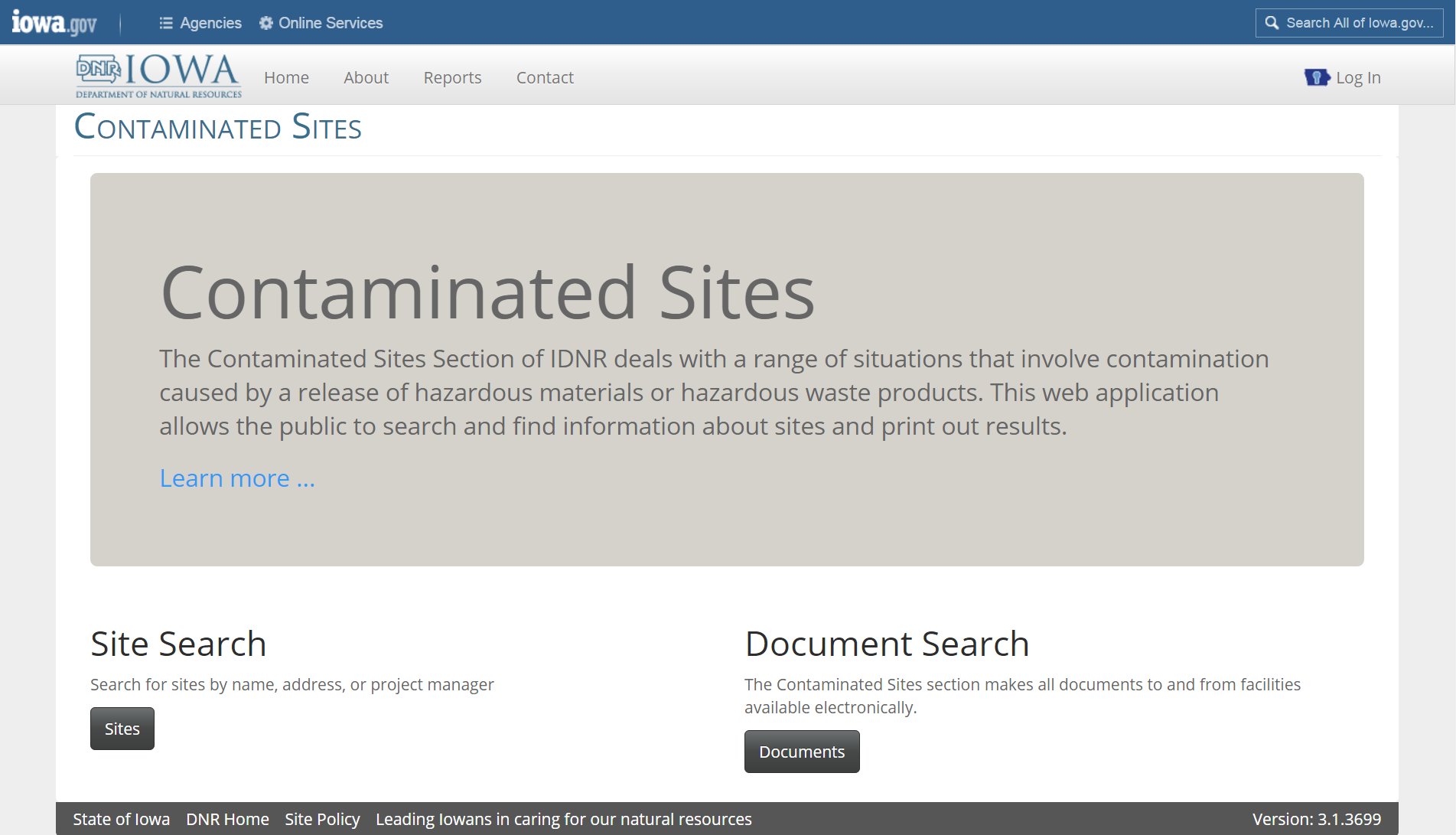Image of Contaminated Sites Database screen image