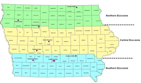 EcoZones of Iowa showing Northern, Central and Southern