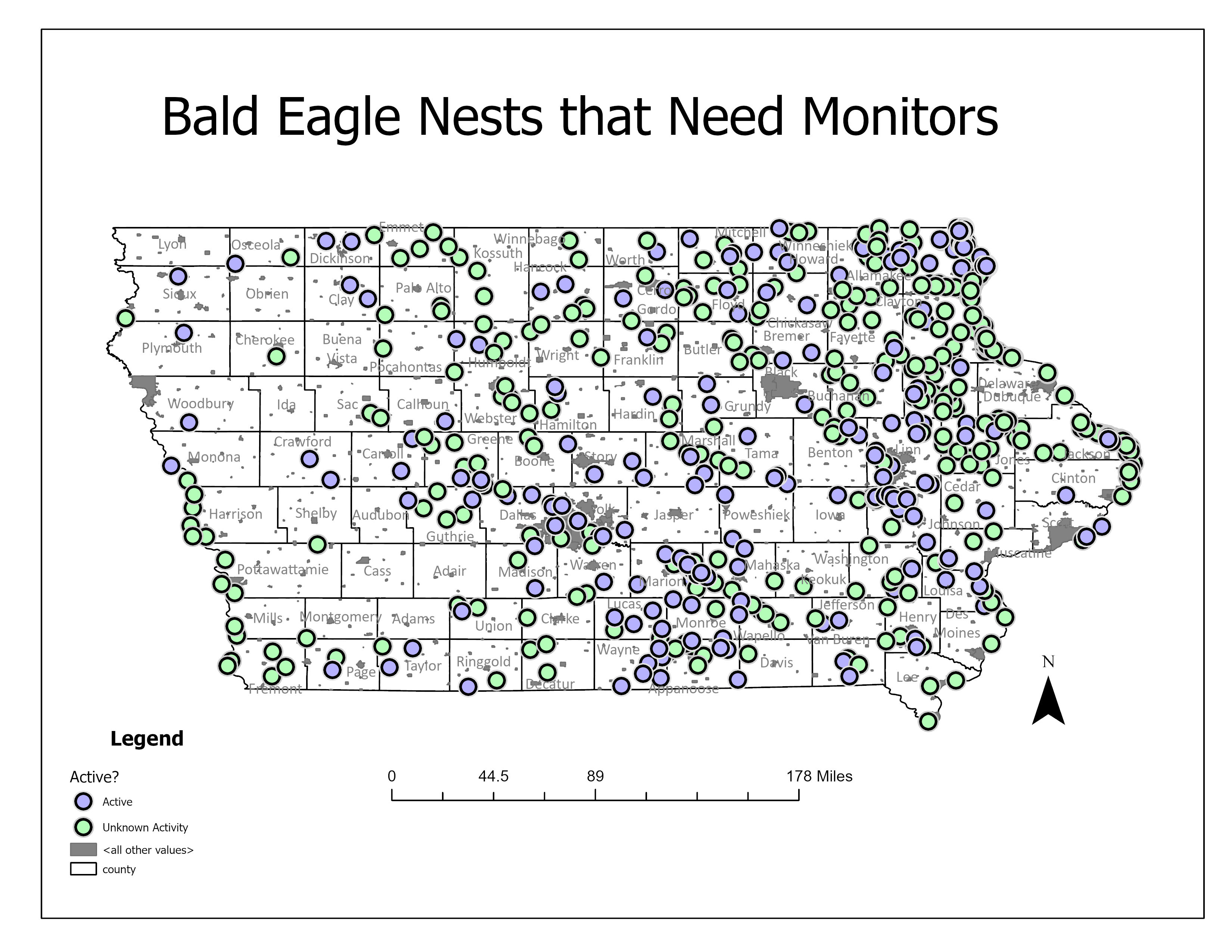 Bald Eagle Nests that Need Monitors, map of locations