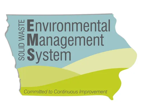 icon for the solid waste environmental management systems showing a silhouette of the state of Iowa with bands of green, blue, and beige, with the title in grey text across the top.