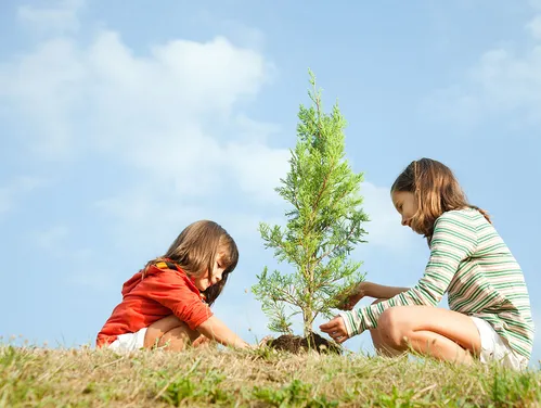 Two kids sitting on the ground with lots of blue sky behind them as they plant a tree.