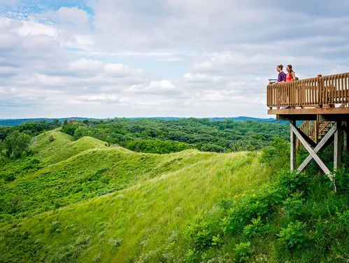 A scenic outlook over lush green fields.