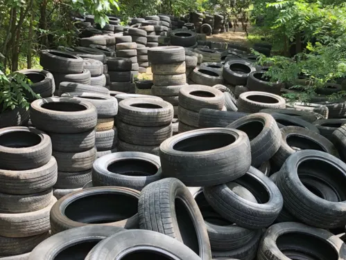 Hundreds of tires left along a pathway.
