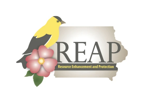 REAP Logo, state of Iowa with the goldfinch and rose