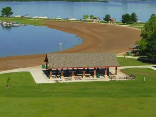 An aerial view of a large outdoor lodge at Big Creek State Park