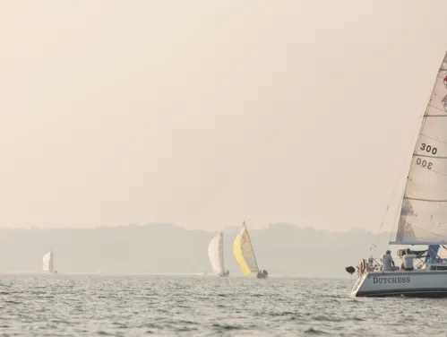 A photo of a large body of water with short, choppy waves and a sailboat.