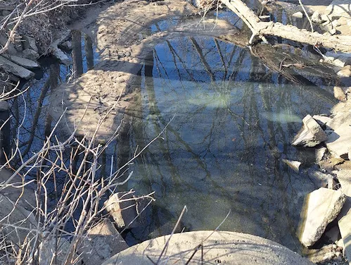 This image shows a stormwater drainage ditch with discolored water in Daubendiek Park in Jefferson
