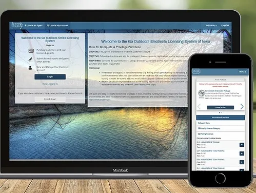 Laptop screen and mobile phone showing the Go Outdoors Iowa online licensing system
