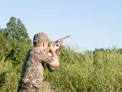 Young man shooting a shotgun into a blue sky, dove hunting.