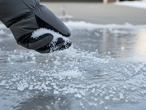 This image shows salt being applied to an icy sidewalk