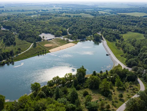 This image shows a drone shot above Kent Park Lake in 2025