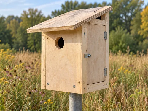 A blue bird box made from recycled wood.