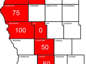 Map showing The new ZONE B counties CRAWFORD, IDA, LYON, O’BRIEN, PLYMOUTH, SHELBY, SIOUX, & WOODBURY. 