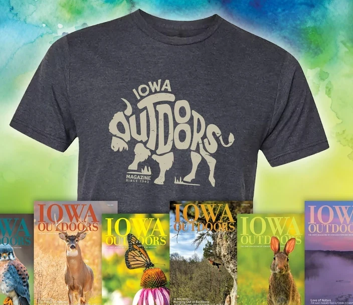 2025 magazine shirt with buffalo reading Iowa Outdoors.