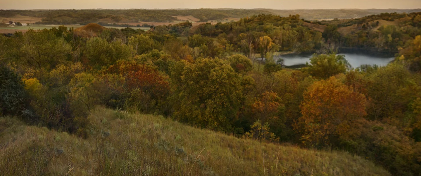 Fall colors of red, brown, and yellow through an Iowa landscape.