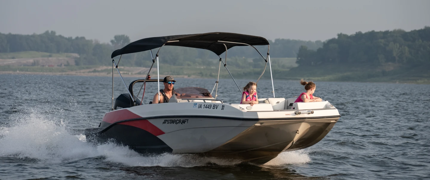 Summertime fun on the water with motor boat, kids in lifejackets.