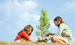 Two kids sitting on the ground with lots of blue sky behind them as they plant a tree.