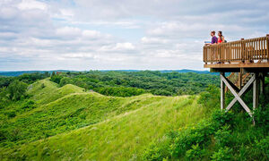 A scenic outlook over lush green fields.