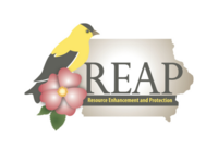 REAP Logo, state of Iowa with the goldfinch and rose
