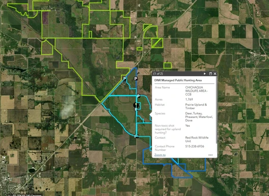 Screenshot showing Iowa and different public hunting areas outlined, then with popup information.
