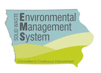 icon for the solid waste environmental management systems showing a silhouette of the state of Iowa with bands of green, blue, and beige, with the title in grey text across the top.