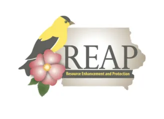 REAP Logo, state of Iowa with the goldfinch and rose