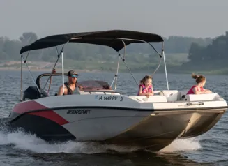 Summertime fun on the water with motor boat, kids in lifejackets.