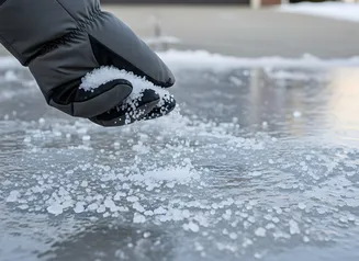This image shows salt being applied to an icy sidewalk