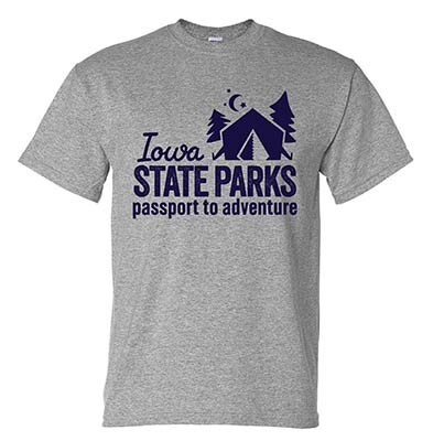 A gray prize tshirt for the Iowa Parks Passport that reads "Iowa State Parks: passport to adventure"