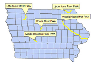 A map of Iowa's five protected water areas