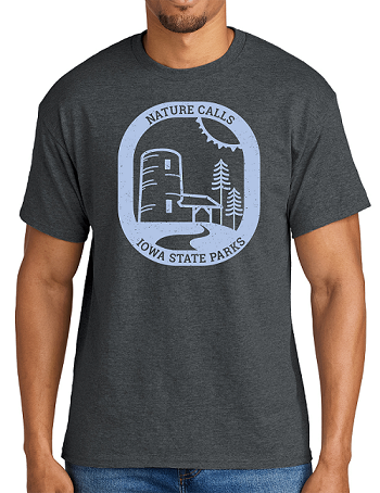 A dark gray prize t-shirt for the Iowa Parks Passport that reads "Nature Calls: Iowa State Parks "