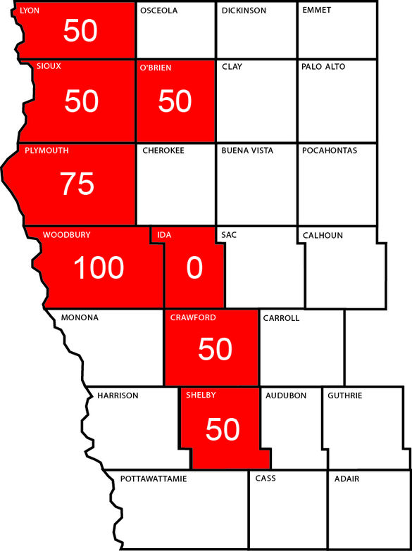Map showing The new ZONE B counties CRAWFORD, IDA, LYON, O’BRIEN, PLYMOUTH, SHELBY, SIOUX, & WOODBURY. 
