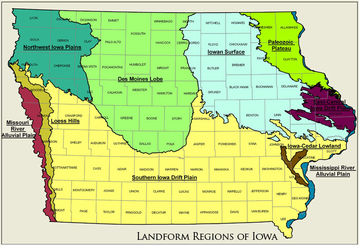 A map of the state of Iowa, identifying glacial and prairie landform regions in the state