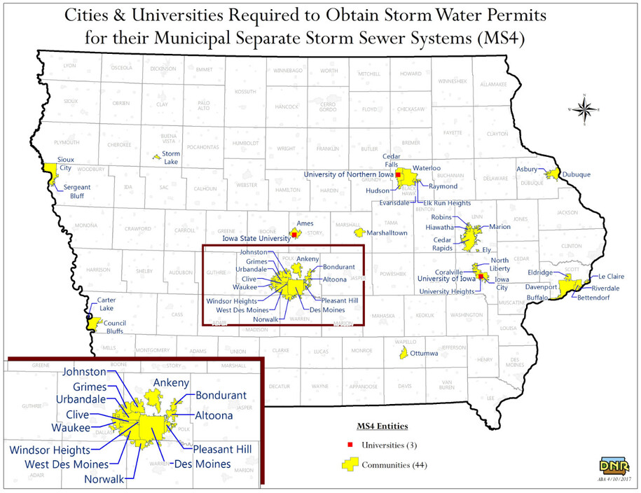 Map of Iowa cities and counties requiring Municipal Separate Storm Sewer Systems
