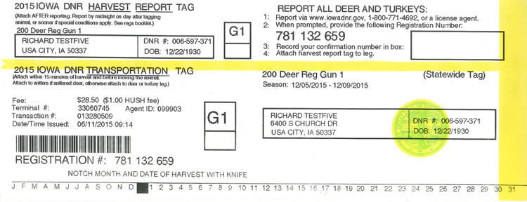 Example of a deer or turkey harvest tag in Iowa
