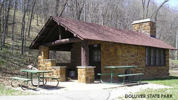 A stone and wood basic family cabin at Dolliver State Park