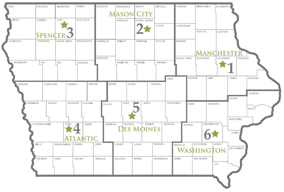 Map of Iowa with the six environmental field offices