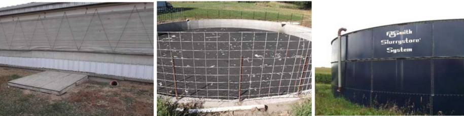 Photos of confinement formed structures. First showing a below-building pit, second a concrete manure storage structure in the ground, and lastly a large above ground steel structure often referred to as a slurry pit.