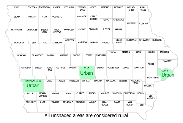 A map of Iowa's three counties for NO2 data: Polk, Scott and Pottawattamie Counties