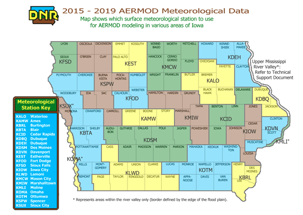 2015-2019 AERMOD Meteorological Data stations across Iowa