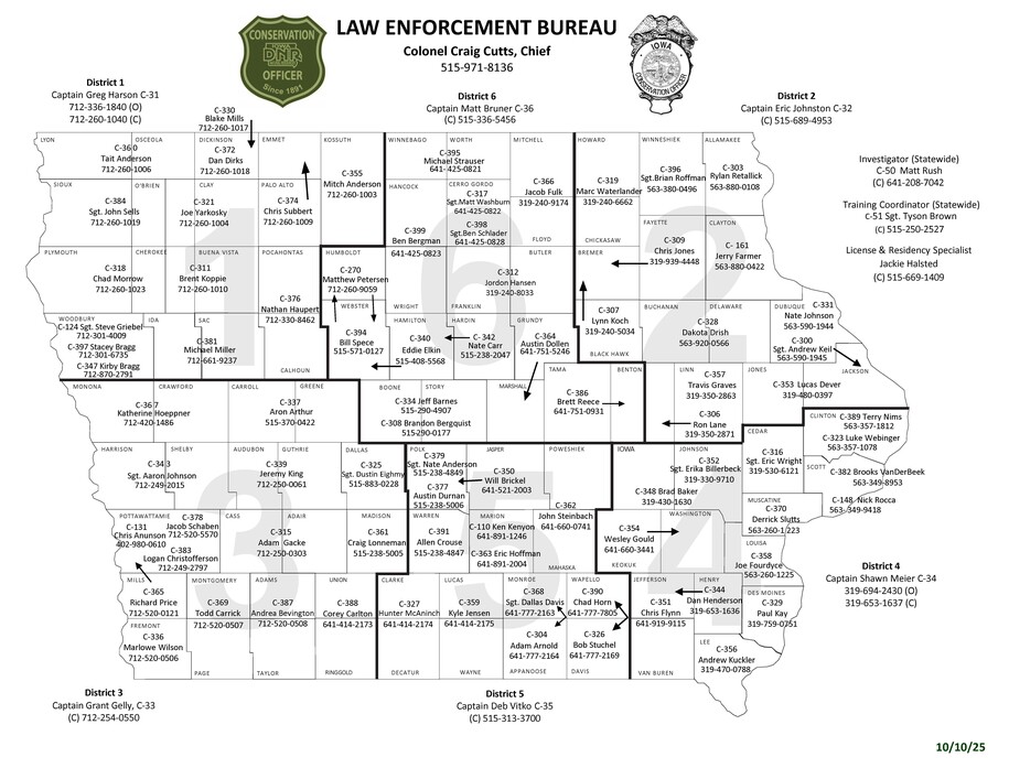 map showing names and phone numbers of conservation officers in Iowa