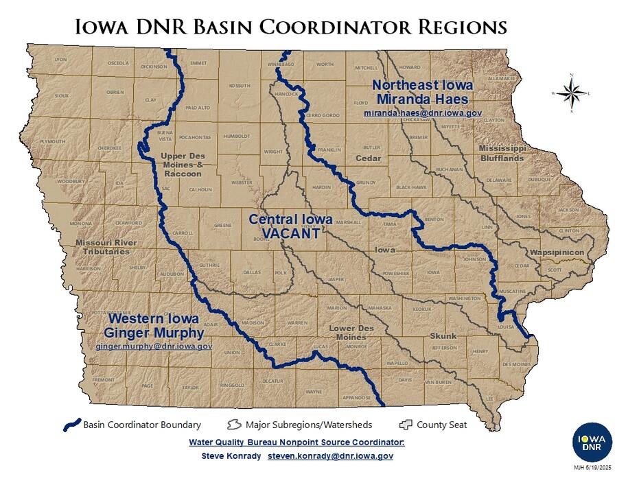 Map showing the Iowa DNR Basin Coordinator Regions. Western Region: Ginger Murphy (Missouri River drainage). Central Region: Vacant (Raccoon, Des Moines, Skunk, Iowa rivers). Northeast Region: Miranda Haes (Cedar, Wapsipinicon, Maquoketa, Turkey, Yellow, Upper Iowa rivers).