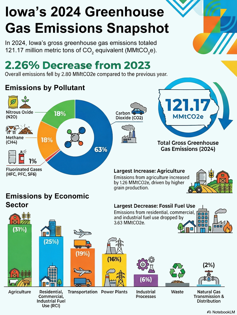 Infographic depicting the amount of different types of greenhouse gases and their sources in Iowa