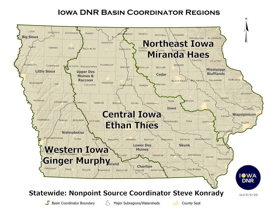 Map of Iowa showing the Iowa DNR Basin Coordinator Regions throughout the state. Northeast Iowa: Miranda Haes, Central Iowa: Ethan Thies, Western Iowa: Ginger Murphy, and the Statewide Nonpoint Source Coordinator: Steve Konrady