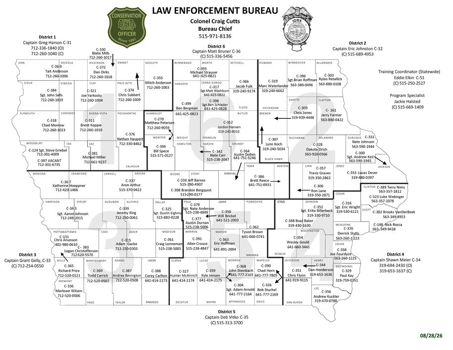 Map of Iowa Conservation Officers with names and phone numbers
