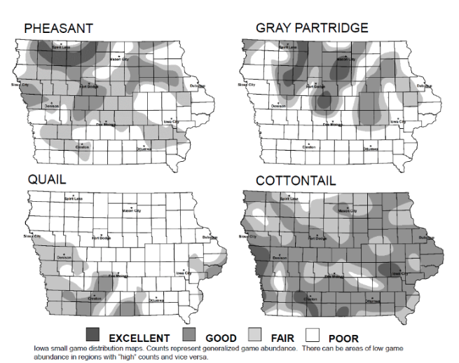 2023 small game (pheasant, gray partridge, quail and cottontail) distribution maps shaded for excellent, good, fair and poor abundance.