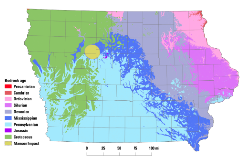  An Iowa map showing the bedrock ages including  Cretaceous, Mississippian, Ordovician, Silurian, Pre-Cambrian and Pennsylvanian.