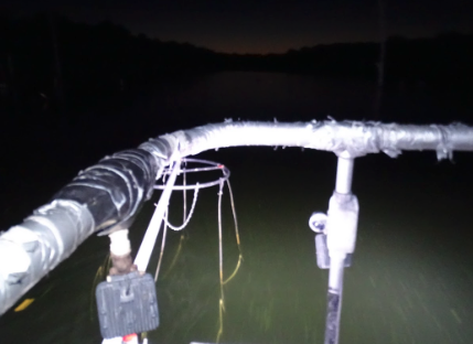Electrofishing boat attachment used during catch, measure andrelease walleye to determine fish population health.
