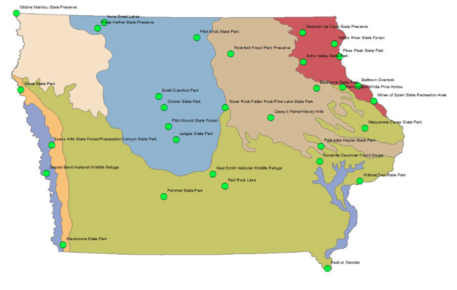 A map of Iowa highlighting state parks, preserves and wildlife refuges where you can see and experience Iowa’s geological story. 