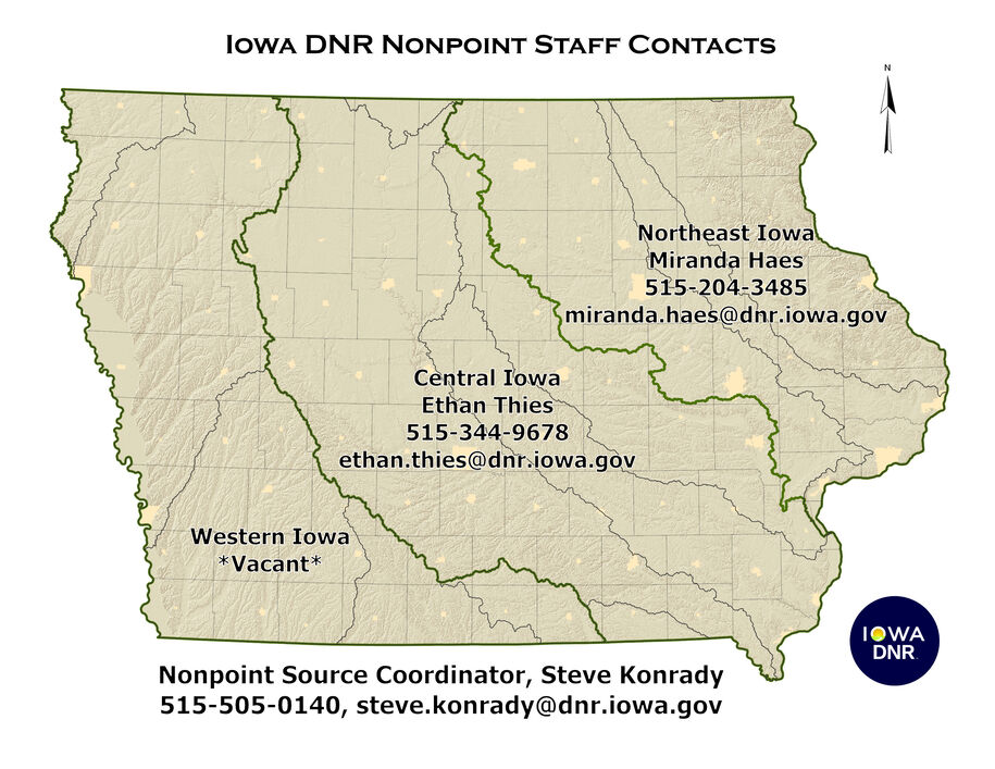 Nonpoint staff contacts map showing western, central, and eastern regions.